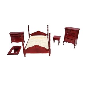 5 Piece Miniature Mahogany Bedroom Dollhouse Set
